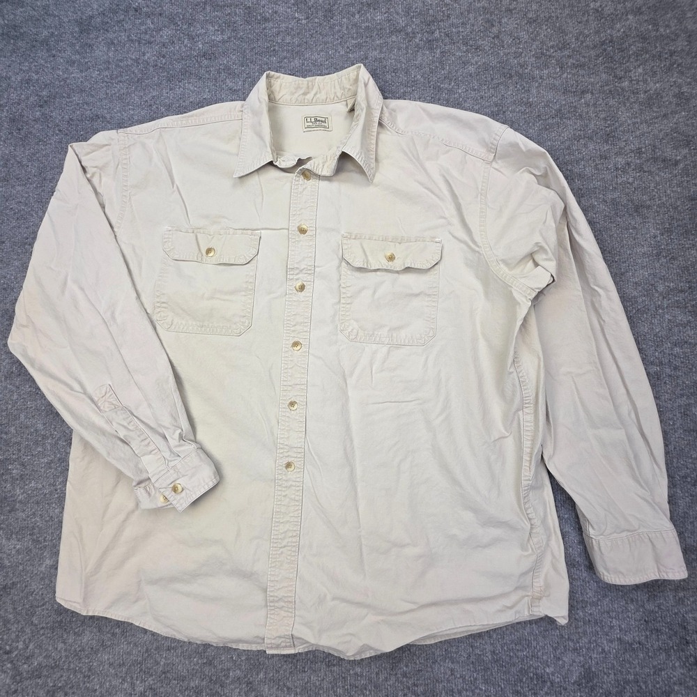 VINTAGE LL Bean Button Up Shirt Men XL Beige Long Sleeve Pocket OMT16 **Button